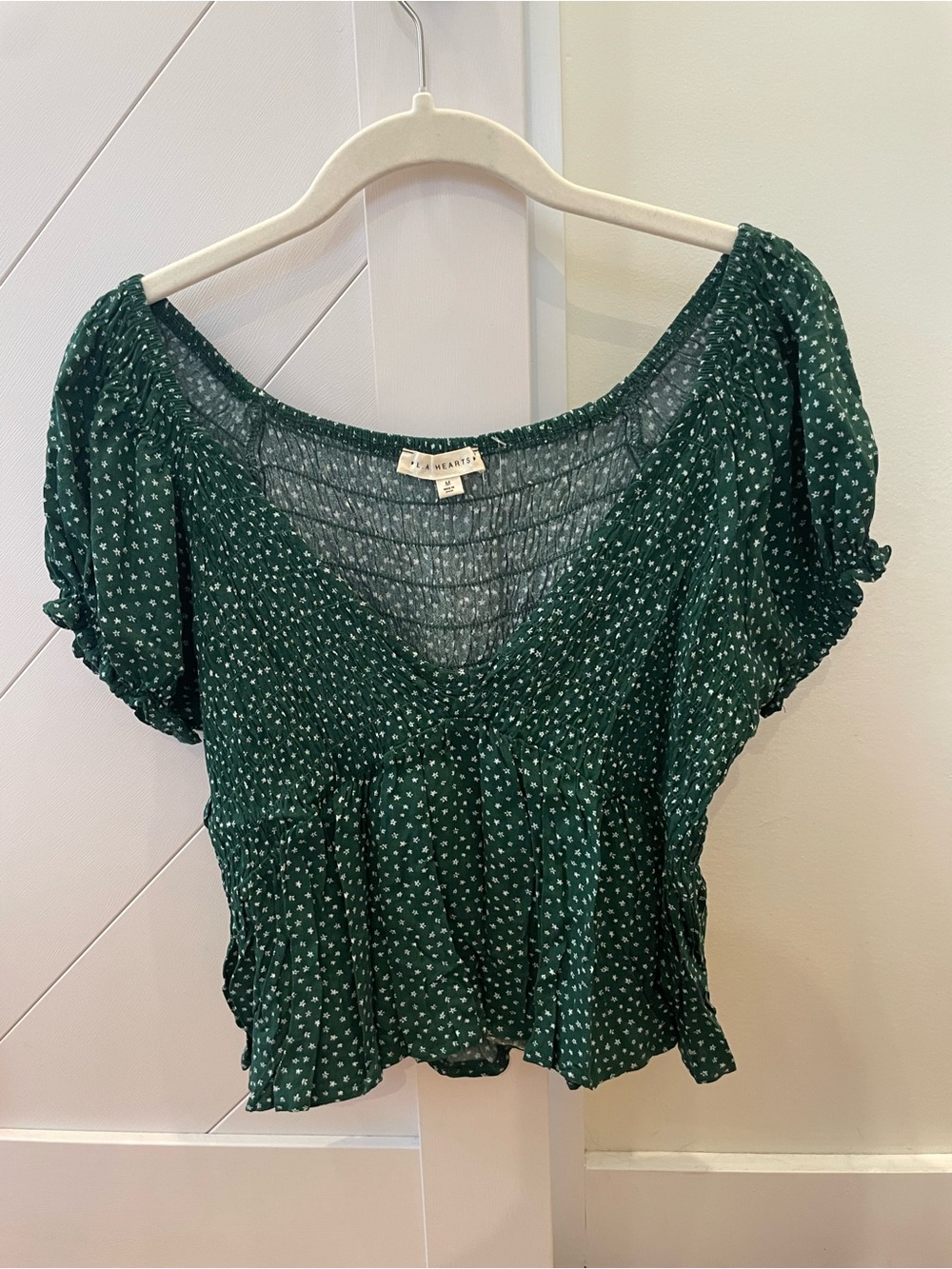 La Hearts Forest Green Puff Sleeve V-Neck Peplum Blouse